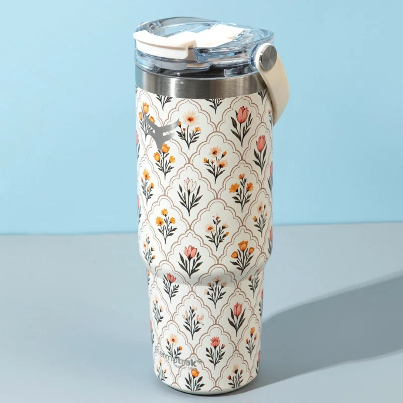 Sale Thermotrek ORCHID Stylish Floral Print Vacuum Insulated Tumbler – 900ml With Handle (Desert Ivory)